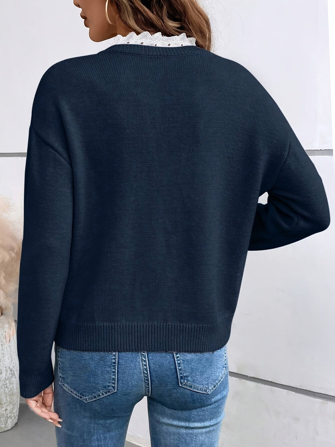 Evadine | V-Neck Lace Trim Knit – Timeless Elegance, Everyday Comfort