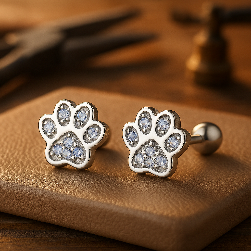 Silver Paw Print Stud Earrings – Crystal Accent