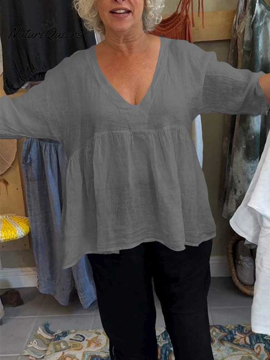 Loretta| V-Neck Cotton-Linen Blouse – Light Elegance with Everyday Ease