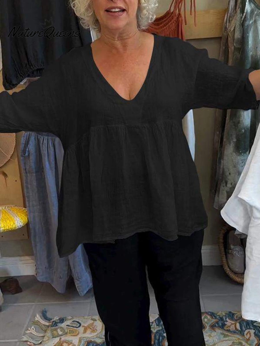 Loretta| V-Neck Cotton-Linen Blouse – Light Elegance with Everyday Ease