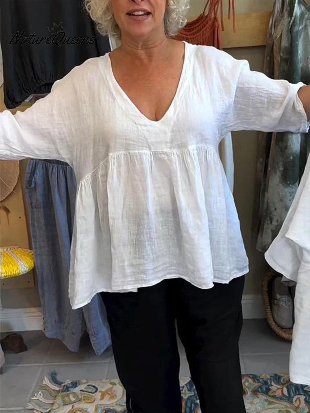 Loretta| V-Neck Cotton-Linen Blouse – Light Elegance with Everyday Ease