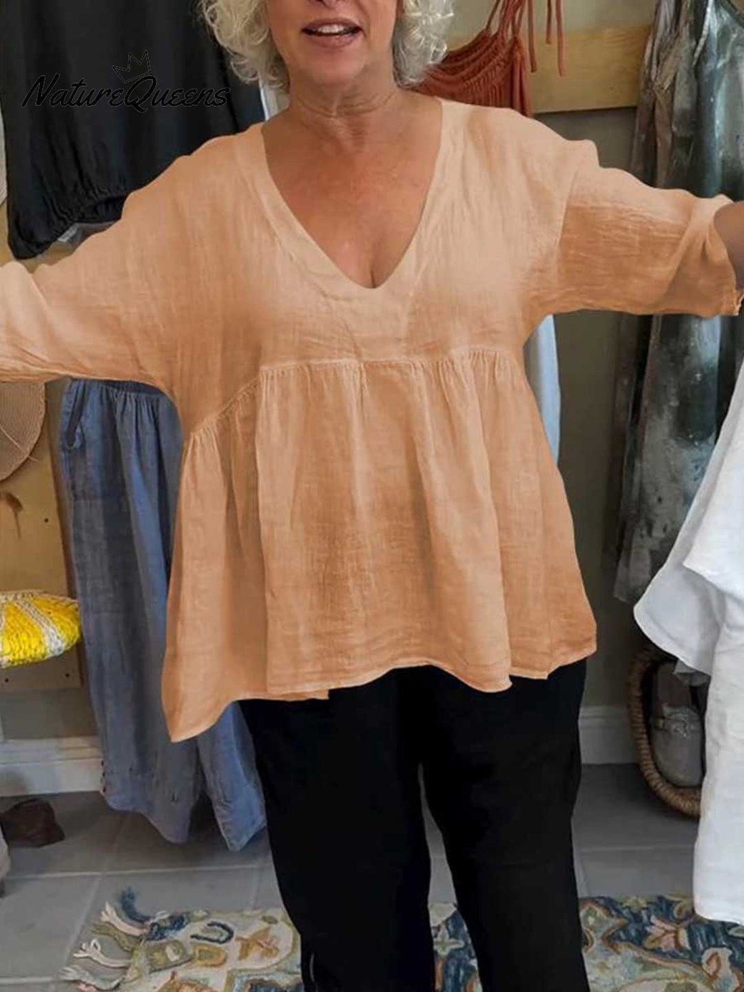 Loretta| V-Neck Cotton-Linen Blouse – Light Elegance with Everyday Ease