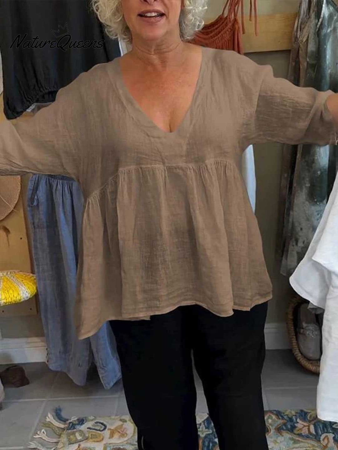 Loretta| V-Neck Cotton-Linen Blouse – Light Elegance with Everyday Ease